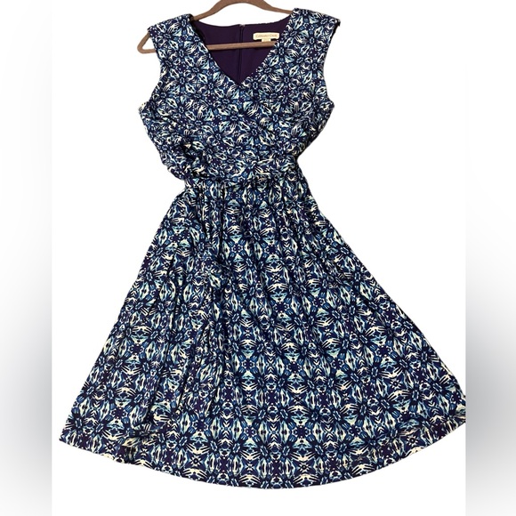 Blue White and Purple print Coldwater Creek Dress Ikat type Pattern V Neck - Picture 2 of 5